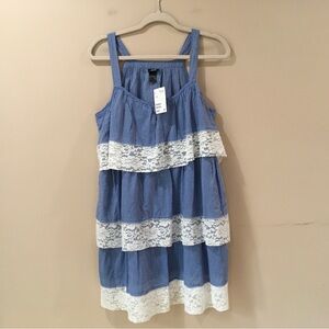 H&M Women 8 Tank Mini Dress Blue CHAMBRAY Layer Lace Beach Resortwear New
